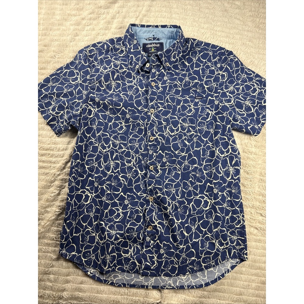 Chubbies Men Med Hawaiian Stretch Button Down Shirt Blue Floral Pool Beach Swim
